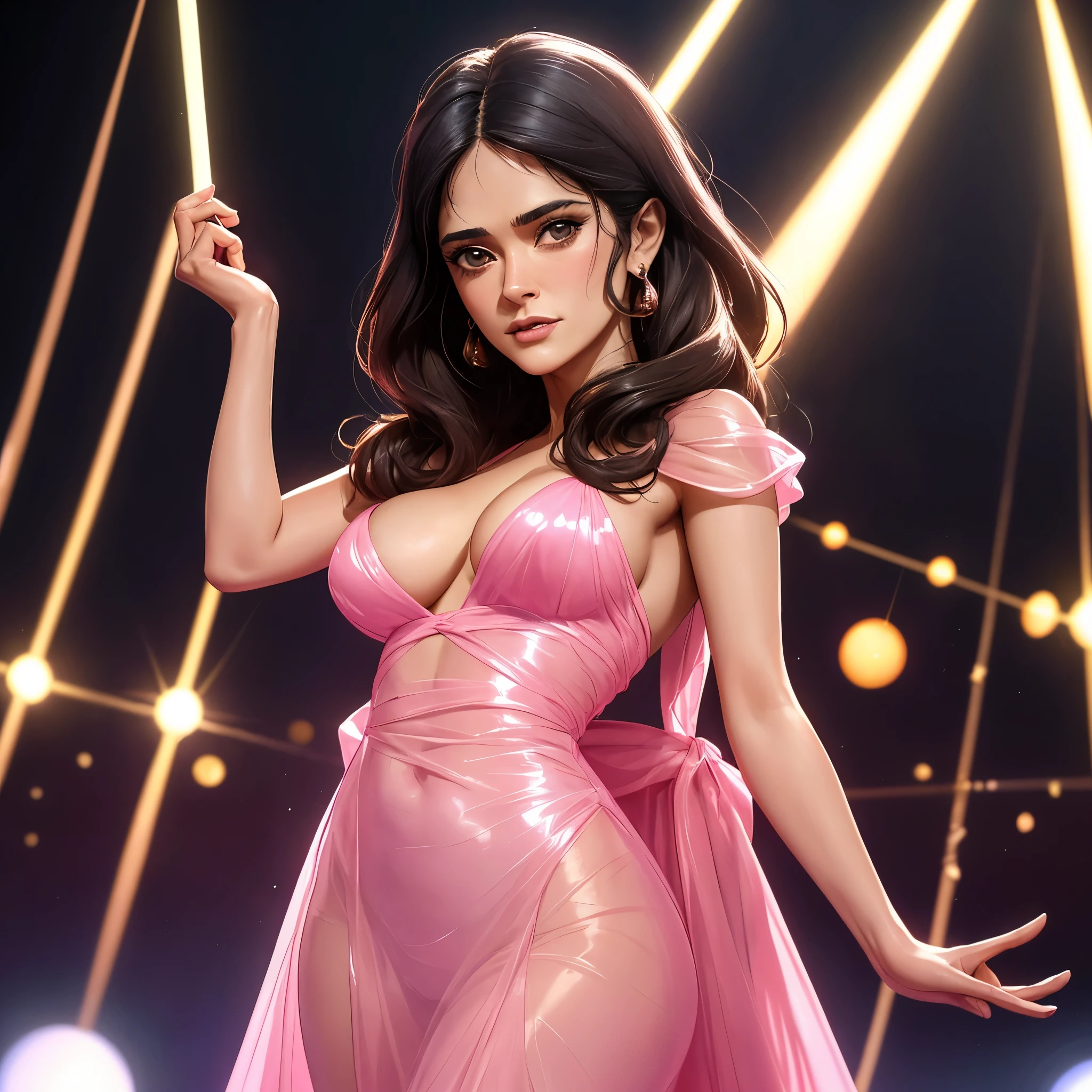A group of aliens has abducted Salma Hayek (age 40) and they are poking her and examining her while she must stand in a bright spotlight. She is dressed in a pink translucent gown and is very shy