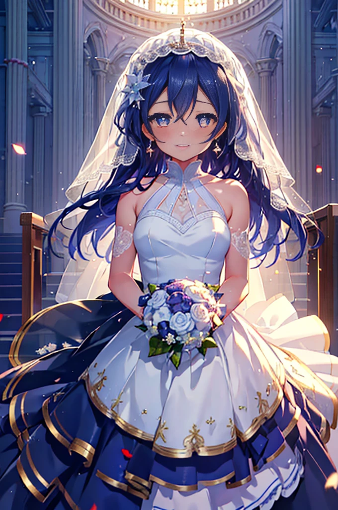 (((pixel perfect, detail perfect))), alone, 1 girl, Umi Sonoda, , looking at the viewer, smile,Wedding dress,veil,bouquet,church,chapel,(masterpiece:1.2), highest quality, High resolution, unity 8k wallpaper, (figure:0.8), (beautiful and fine eyes:1.6), highly detailed face, perfect lighting, Very detailed CG, (perfect hands, perfect anatomy),