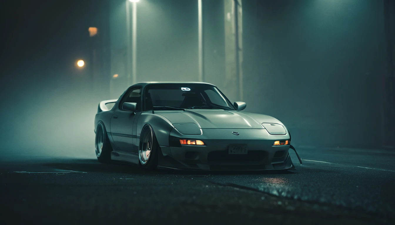 (intrincated details:1.2), (photorealistic), (masterpiece), (photography), cinematic lighting, cyberpunk city, fog, Mazda RX-7 Sports car 1978-1992, ground vehicle, motor vehicle, no humans, scenery, solo, vehicle focus, night time, front quarter, liberty walk wide body
