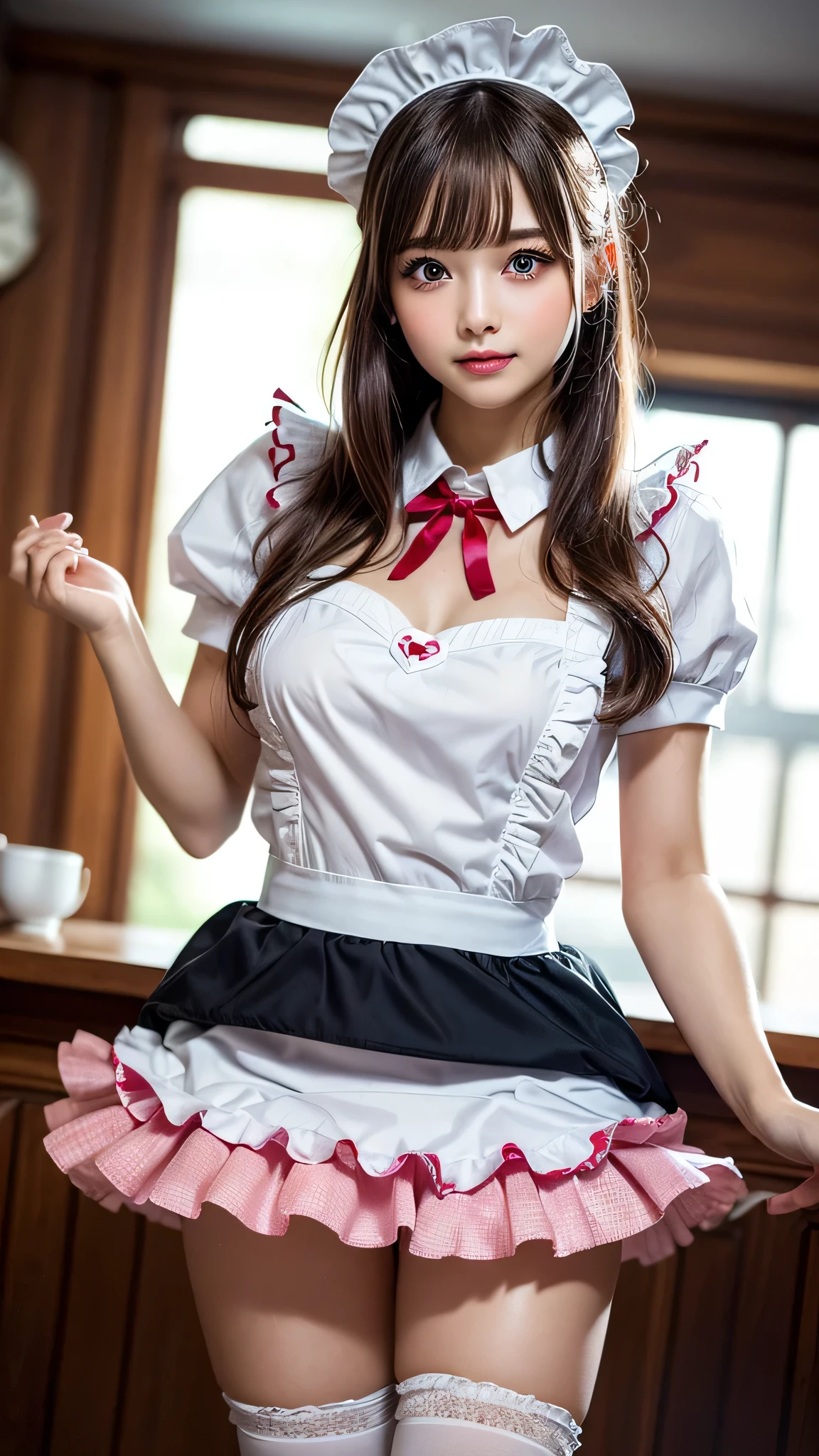 (1young girl), Brown hair, Amazing face and eyes, Pink eyes, enchanting smile, (Maid cafe costume with frills, Pleated mini-skirt:1.5), (Maid cafe costume with wide open:1.2), bared chest, (amazingly beautiful girl), Brown hair, stylish hair ornament, (Best Quality:1.4), (Ultra-detailed), (extremely detailed CG unified 8k wallpaper), Highly detailed, High-definition raw color photos, Professional Photography, depth of fields, (panties:1.2), (View from below:1.2),