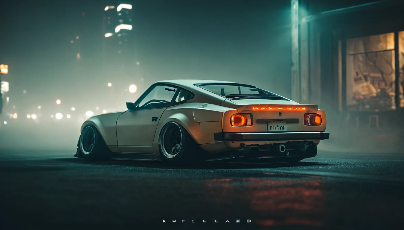 (intrincated details:1.2), (photorealistic), (masterpiece), (photography), cinematic lighting, cyberpunk city, fog, Nissan Fairlady Z Sports car 1969, ground vehicle, motor vehicle, no humans, scenery, solo, vehicle focus, night time, front quarter