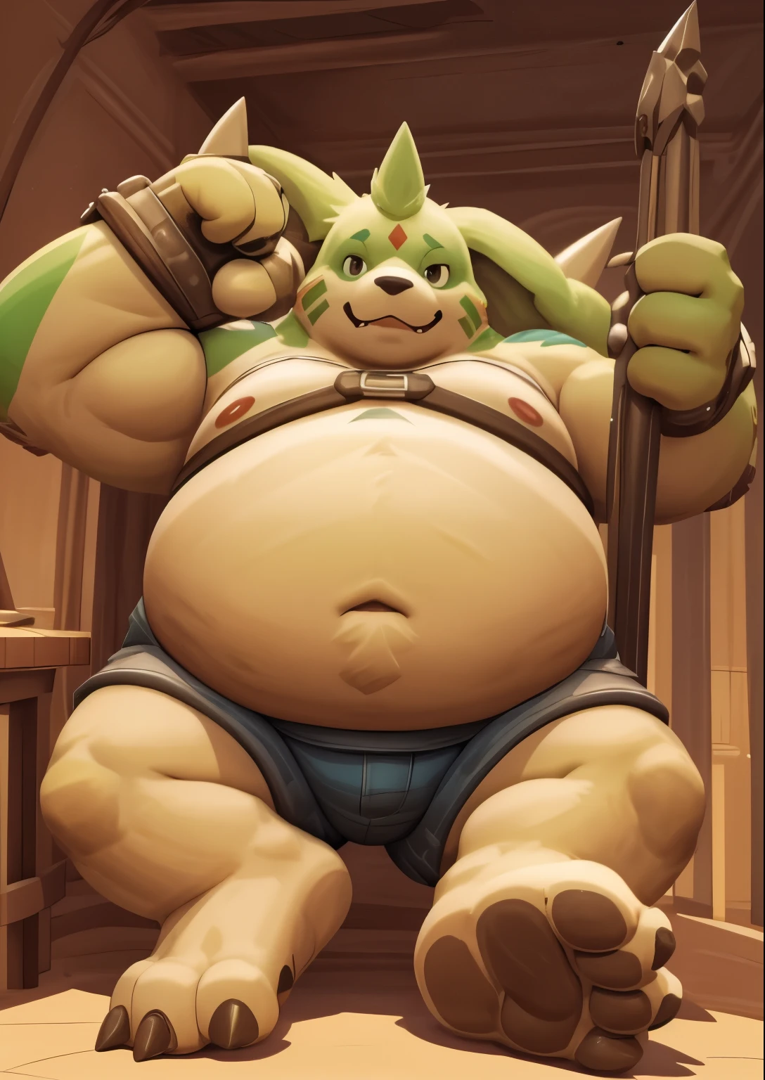 alone，male，chubby，Fat minora，Shirtless，victory pose， alone， detailed， high resolution，， masterpiece，Excessive obesity，Obesity in the extremities，Lift your feet，foot in the air，correct body proportions，overweight，briefig bulge，Gargomon，roadhog