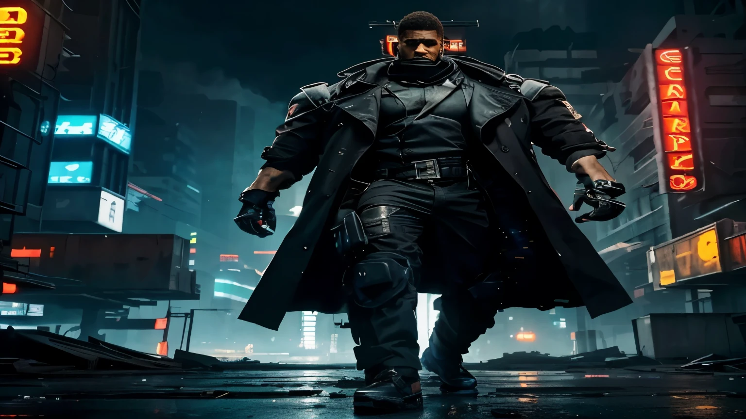 realistic depiction of Usher walking towards the camera, with a strong and confident stride, wearing a trench coat and a cityscape with towering neon-lit buildings in the background, (dystopian:1.2), (gritty and industrial setting), (dynamic lighting), (attention to realistic details)