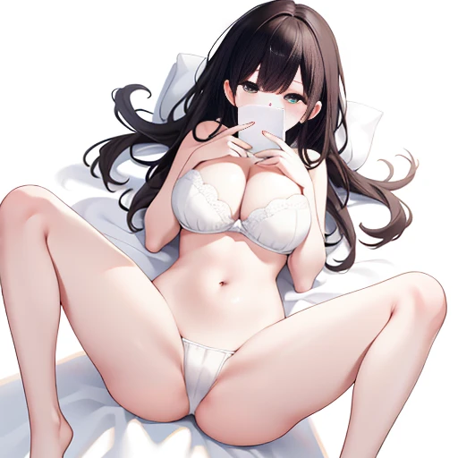 from above, holding smartphone in front of covering face, sexy bra, pantie, navel, (((white background))), huge breasts, on floor, m legs, spread legs, nude, 