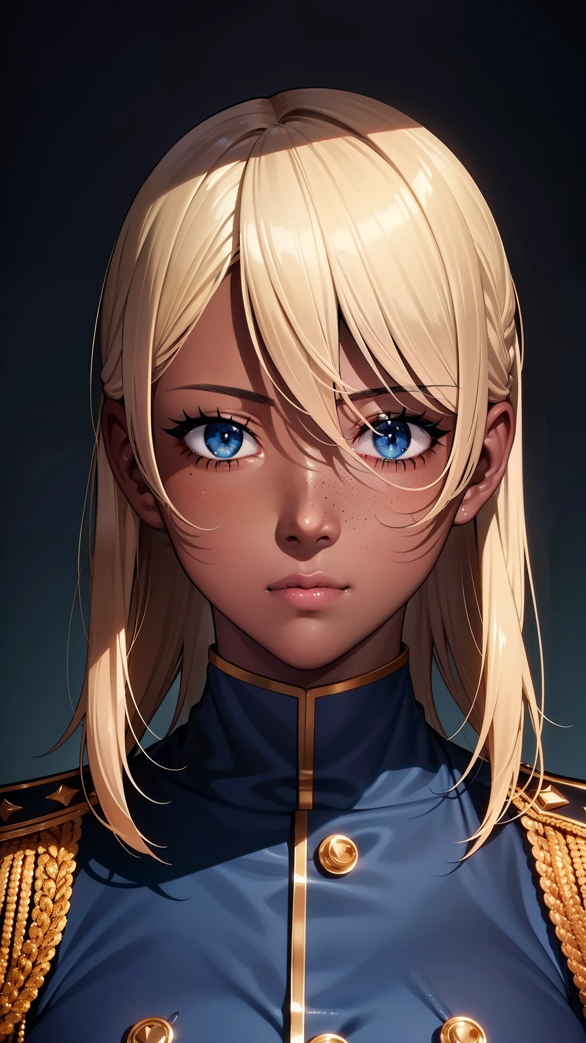 {8k image}, 1beautiful woman ((dark skin)), 27 years old, mature appearance, short blonde hair, blue eyes, freckles on the face, busty, wearing military uniform, looking at the viewer with neutral expression, face centered forward, focus on the face and chest, {face portrait}, lineart, beautiful lineart, vivid colors, no background
