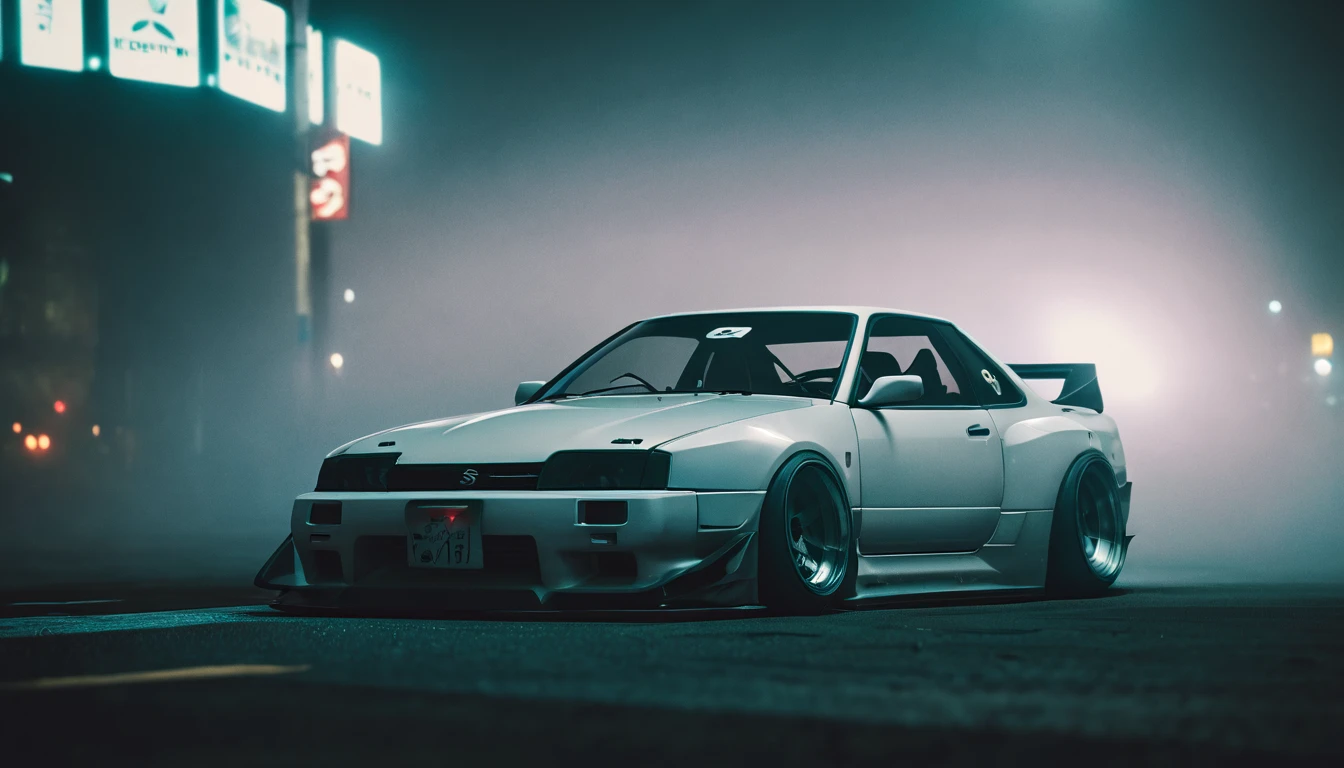 (intrincated details:1.2), (photorealistic), (masterpiece), (photography), cinematic lighting, cyberpunk city, fog, Nissan 240SX	Coupe	1989-1998, ground vehicle, motor vehicle, no humans, scenery, solo, vehicle focus, night time, front quarter, liberty walk wide body, widebody