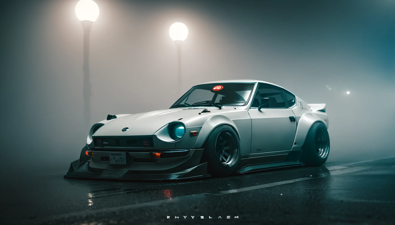 (intrincated details:1.2), (photorealistic), (masterpiece), (photography), cinematic lighting, cyberpunk city, fog, Nissan Fairlady Z	Sports car	1969, ground vehicle, motor vehicle, no humans, scenery, solo, vehicle focus, night time, front quarter, liberty walk wide body, widebody