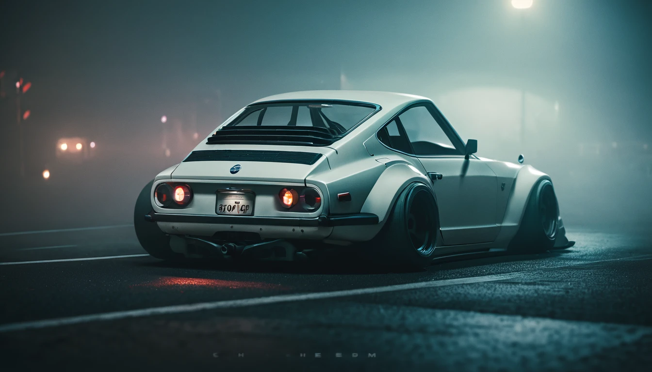 (intrincated details:1.2), (photorealistic), (masterpiece), (photography), cinematic lighting, cyberpunk city, fog, Nissan Fairlady Z	Sports car	1969, ground vehicle, motor vehicle, no humans, scenery, solo, vehicle focus, night time, front quarter, liberty walk wide body, widebody