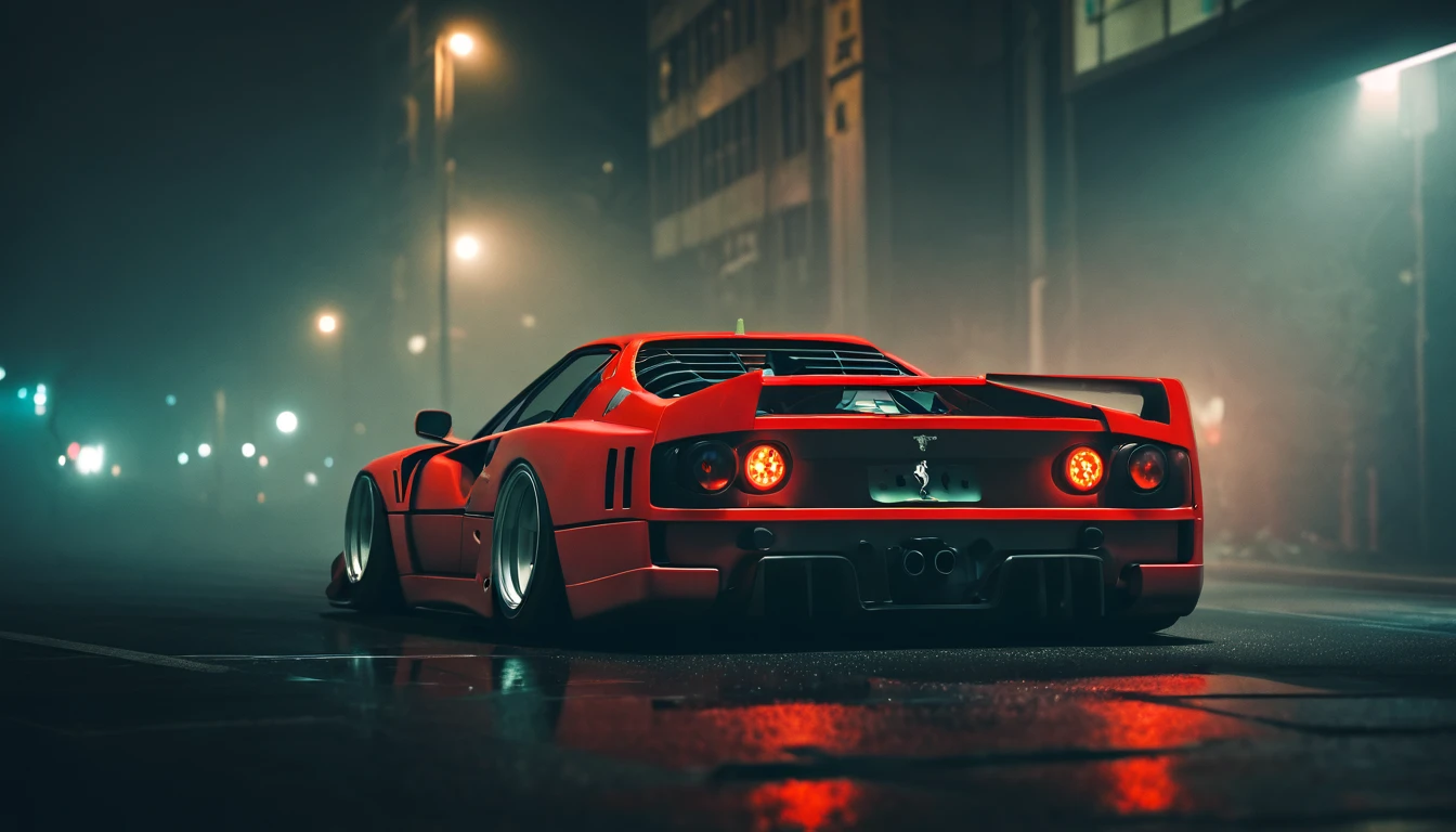 (intrincated details:1.2), (photorealistic), (masterpiece), (photography), cinematic lighting, cyberpunk city, fog, ferrari f40, ground vehicle, motor vehicle, no humans, scenery, solo, vehicle focus, night time, front quarter, liberty walk wide body, widebody