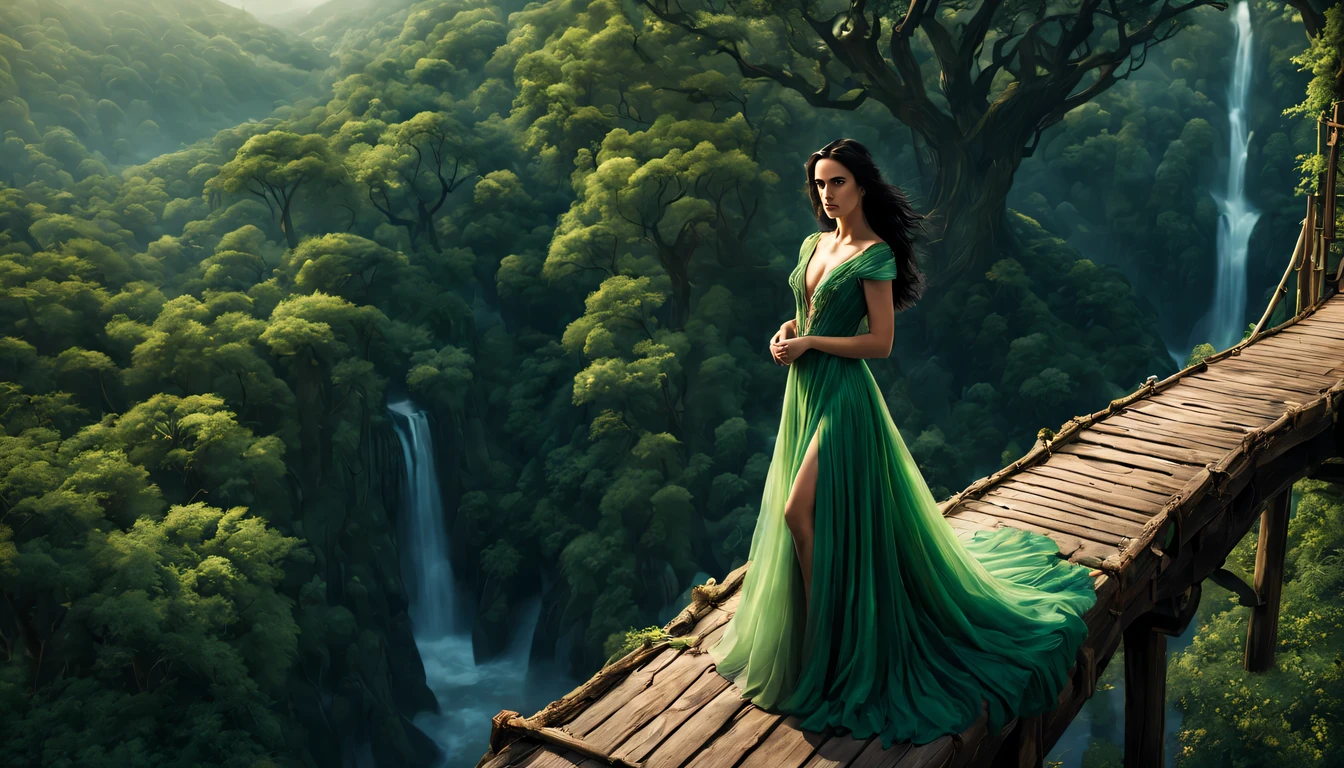 premiado, arte conceitual, belas artes, epic fantasy digital art, bird view,cinematic lighting, Vista descendente,plano super amplo,Viewing angle from afar,profundidade de campos,beautiful young lady (Jennifer Connelly ), (27 anos), ((((corpo inteiro)))), (((usando vestido longo Verde Esmeralda)), The beauty of an idyllic country fairy tale,((cachoeira)),Pitoresca, pitoresco, Rustic, ((Campo de arroz;1.7)), ((Peach blossom tree)), ((Pequenos rios:1.4)), ((The treehouse is connected to the treehouse by a wooden bridge)), epic,