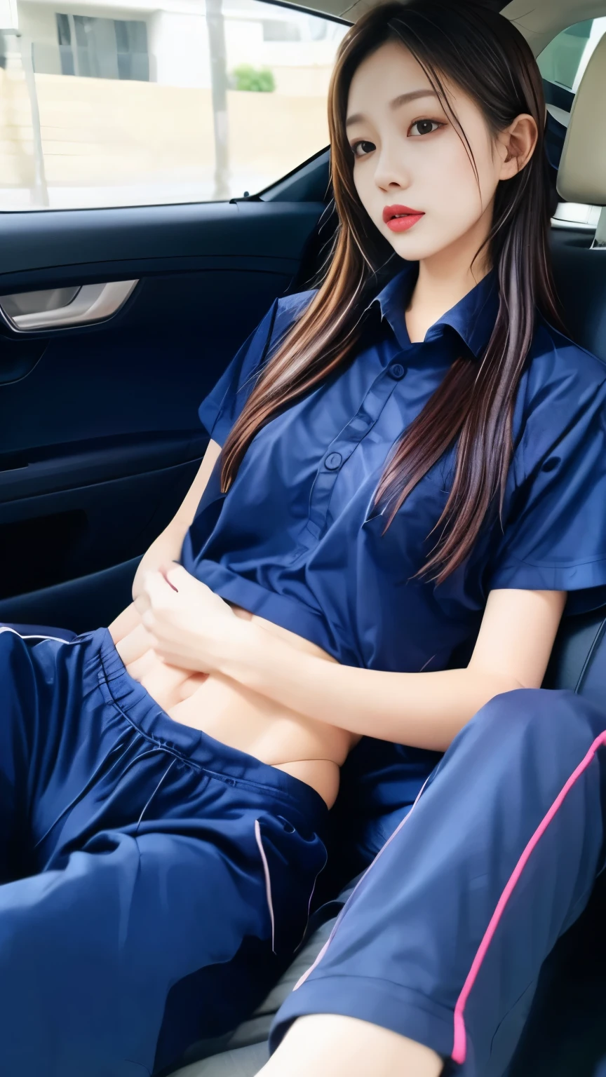 2 girls sitting in the car, Navy blue short-sleeved shirt,Navy Long Trackpant,Sweatpants, Sweatpantsขายาว, lying on the bed., หญิงรักhave sex, coax, Sexual arousal, Realistic poses, exercise clothes, exercise clothes, have sex