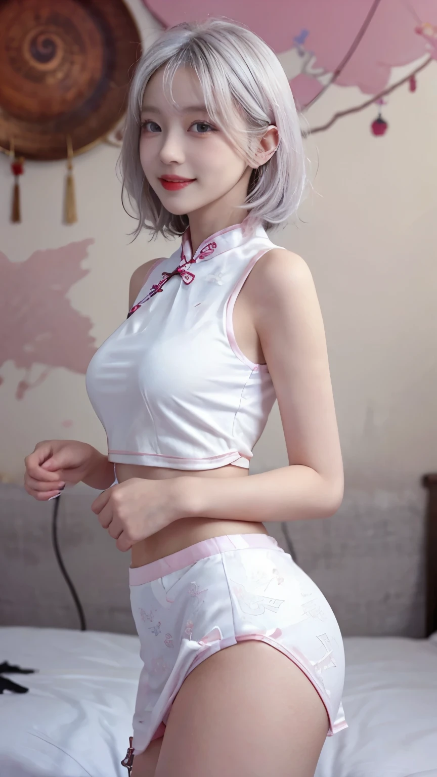 Highest image quality、Live shooting、ultra high resolution、21 year old Korean、small breasts、dynamic angle、cowboy shot、the most beautiful form chaos、elegant、brutalist design、vivid colors、beautiful white hair、short bob、smile、smile、shiny white skin、Beautiful eyes with random colors、Beautiful eyes in every detail、elongated eyes、thin lips、pale pink blush、long eyelashes、beautiful double eyelids、eye shadow、bright room、cheongsam clothing、cosplay、mini skirt、A little underwear is visible、shot from the side、sexy pose