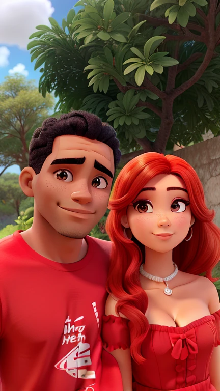 um bonito casal ,mulher ruiva olhos castanhoe homem negro cabelos curtos e cacheados