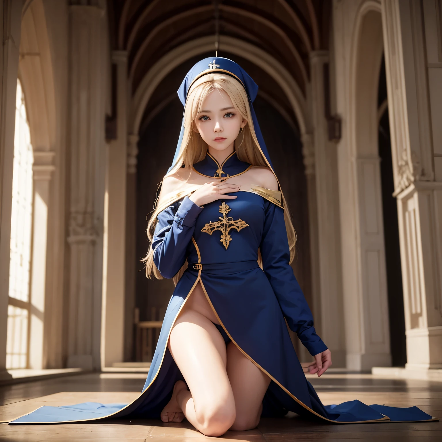 Votriaristic、whole body、High resolution, best quality, super high quality, high quality, High resolution, ウルトラHigh resolution, disorganized, In 4K, In 8K, hyper-detailed, intricate details、A 26-year-old woman with the beautiful features of a goddess.、Slender body type、great shading, high contrast, Reality, realistic photo, Raw photo, Photography, Super thin illustration, Shrinkage rate, perfect anatomy, correct anatomy, perfect proportions, perfect face, perfect hands, perfect legs, perfect fingers、chest small、Blonde semi-long、Dark blue nun attire、The background is the chapel of the cathedral、Front facing、sit on the ground with both knees bent、open leg、I can see white underwear、private parts visible、crying face、looking at the camera