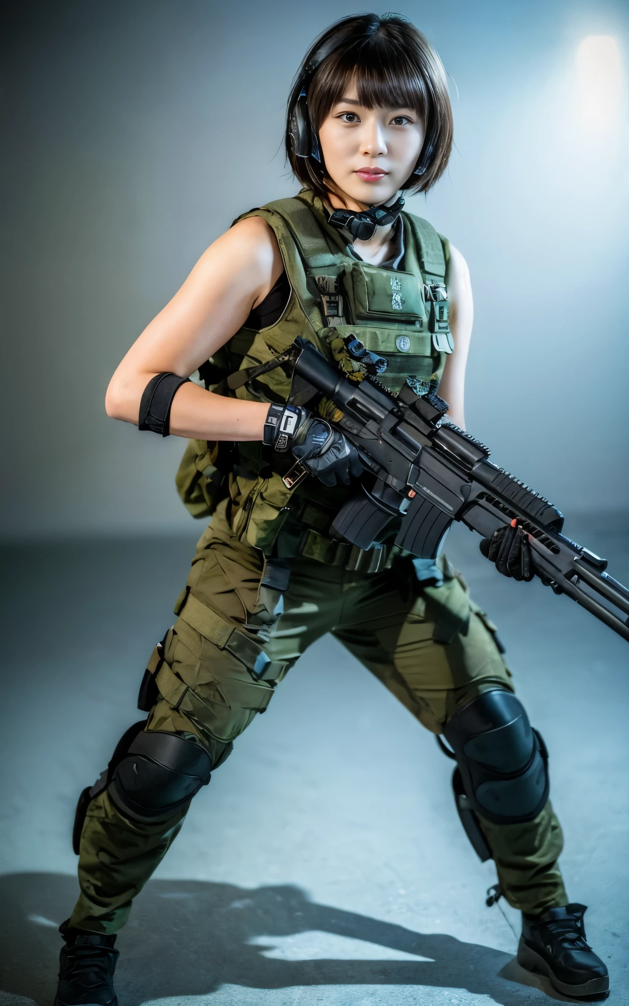 ((Best Quality, 8K, Masterpiece: 1.3)), ((best quality)), photorealistic, photorealism, 1girl aiming with an ak-47 assault rifle, Combat pose, Photorealistic, high resolution, looking to the camera, (Detailed face), short black hair, red rubber suit, tactical vests, military harness, revealed thigh, Gun,black gloves, high-tech headset, Fingers are occluded, concrete wall background,