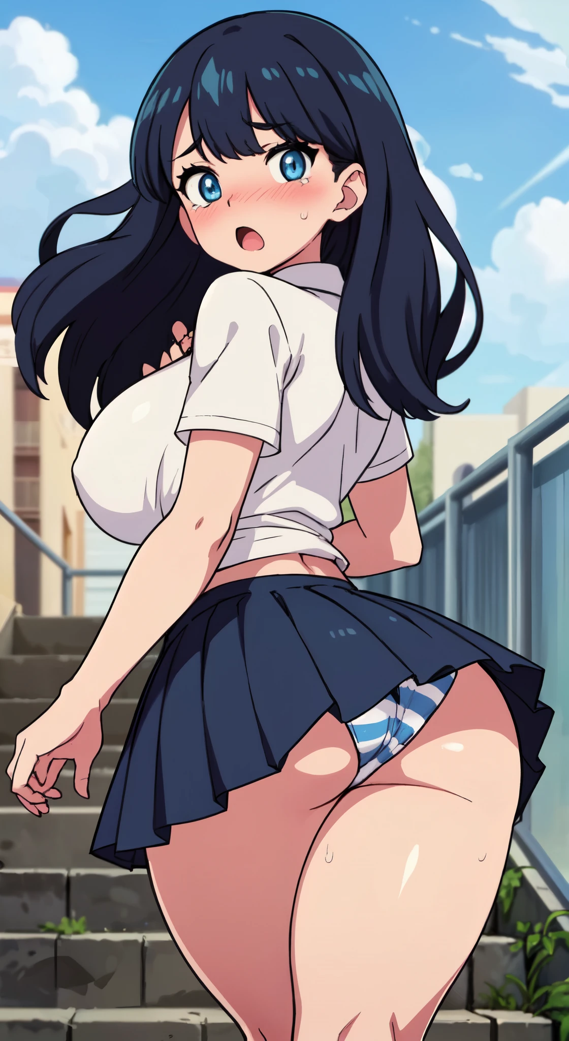 (perfect body),highest quality,16k、Masseter muscle part、((NSFW))、(((blush)))、((((embarrassing))))、:o、((((surprised))))、Are crying、Treefe○lumes、parted bangs、(blue eyes),((dark blue hair)),(Sweat)、(big ass)、huge breasts、((thick thighs))、school uniform、white shirt、(navy blue mini skirt)、(Blue Striped Panties)、((Skirts twisted by the wind))、(Stairs in the city)、Panchira、from below、Rear view、fuck from behind、back、Legs closed