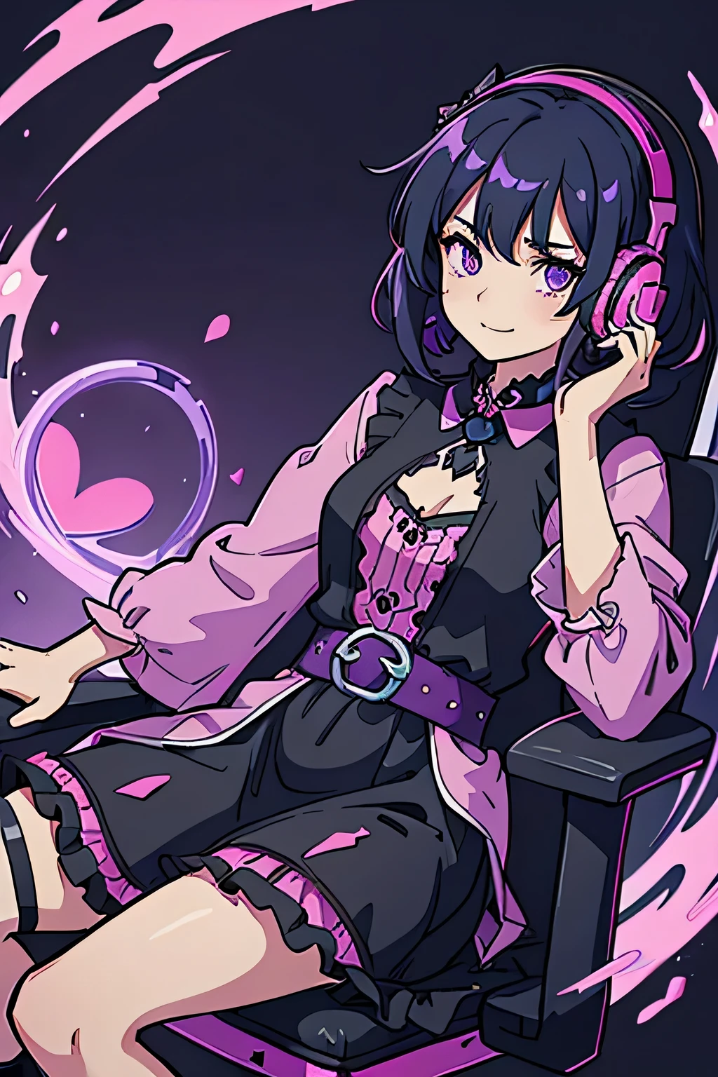 woman sitting on a gaming chair wearing a pink dress, using headphones, playing in PC ,wearing a gothic dress, black and pink dress, 20s goth girl, witch clothes, goth outfit, in a dress, goth girl, mall goth, wearing pink floral chiton, wearing a pink dress, wearing modern gothic clothes, pink and black, outfit photo, short hair, black hair with blue tips, hair with blue tips, nose piercing, (( NO BACKGROUND )), (( purple light )), happy expression, heart pupils, left angle, waist up