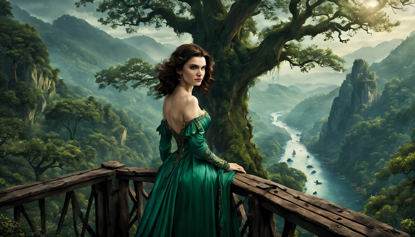 premiado, arte conceitual, belas artes, epic fantasy digital art, bird view,cinematic lighting, Vista descendente,plano super amplo,Viewing angle from afar,profundidade de campos,beautiful young lady (Rachel Weisz ), (27 anos), ((((corpo inteiro)))), (((usando vestido longo Verde Esmeralda)), The beauty of an idyllic country fairy tale,((cachoeira)),Pitoresca, pitoresco, Rustic, ((Campo de arroz;1.7)), ((Peach blossom tree)), ((Pequenos rios:1.4)), ((The treehouse is connected to the treehouse by a wooden bridge)), epic,