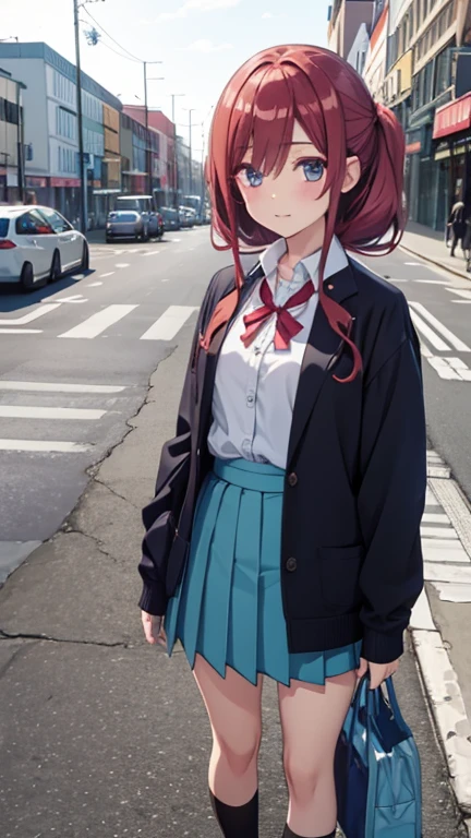 Miku, long hair, shiny hair, maroon hair, hair between eyes, blue eyes, highly detailed eyes, headphones around neck, Outfit_School, white shirt, collared shirt, blue cardigan, green skirt, pleated skirt, black pantyhose, loafers,パンティショット, ((accentuate white パンティー)), スカートを持ち上げる, 両手をお腹の前に置く,