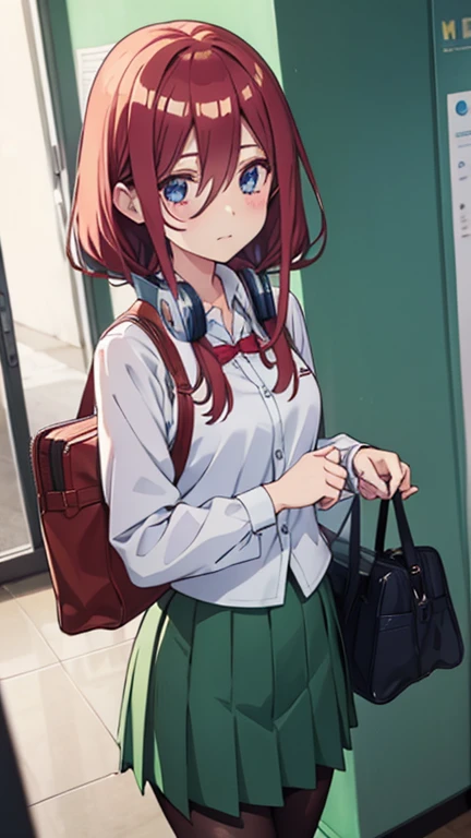 Miku, long hair, shiny hair, maroon hair, hair between eyes, blue eyes, highly detailed eyes, headphones around neck, Outfit_School, white shirt, collared shirt, blue cardigan, green skirt, pleated skirt, black pantyhose, loafers,パンティショット, ((accentuate white パンティー)), スカートを持ち上げる, 両手をお腹の前に置く,