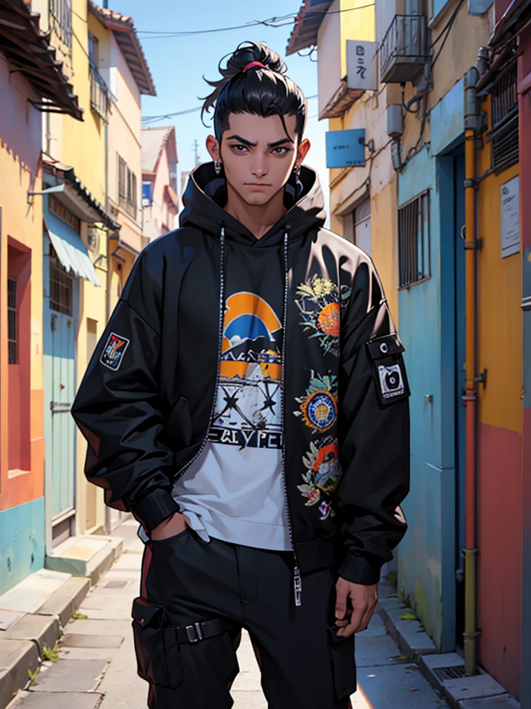 obra maestra, 1 chico, Excelente estilo, estilo ciberpunk, Ropa de calle, exterior, parte superior del cuerpo, ojos brillantes, pelo negro, Chico genial