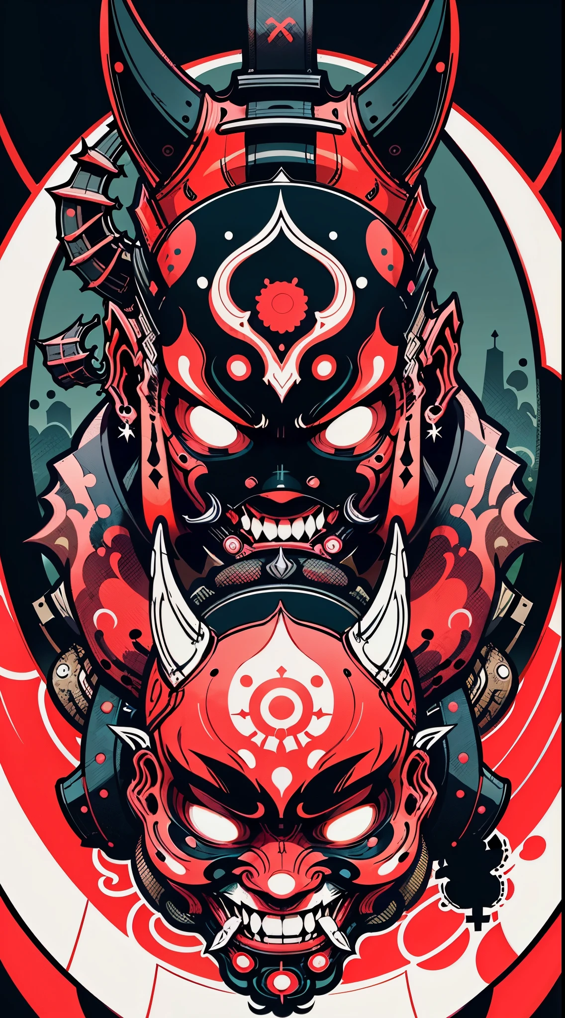 Portrait mask, ilustrador, Vector illustration, obra-prima, alta qualidade, 8k, high resolution, alto detalhe, japanese, onmyoji, (panru: 1.2), horror, mal, close-up, facing the audience, Japanese standard background, cyberpunk neon robótic