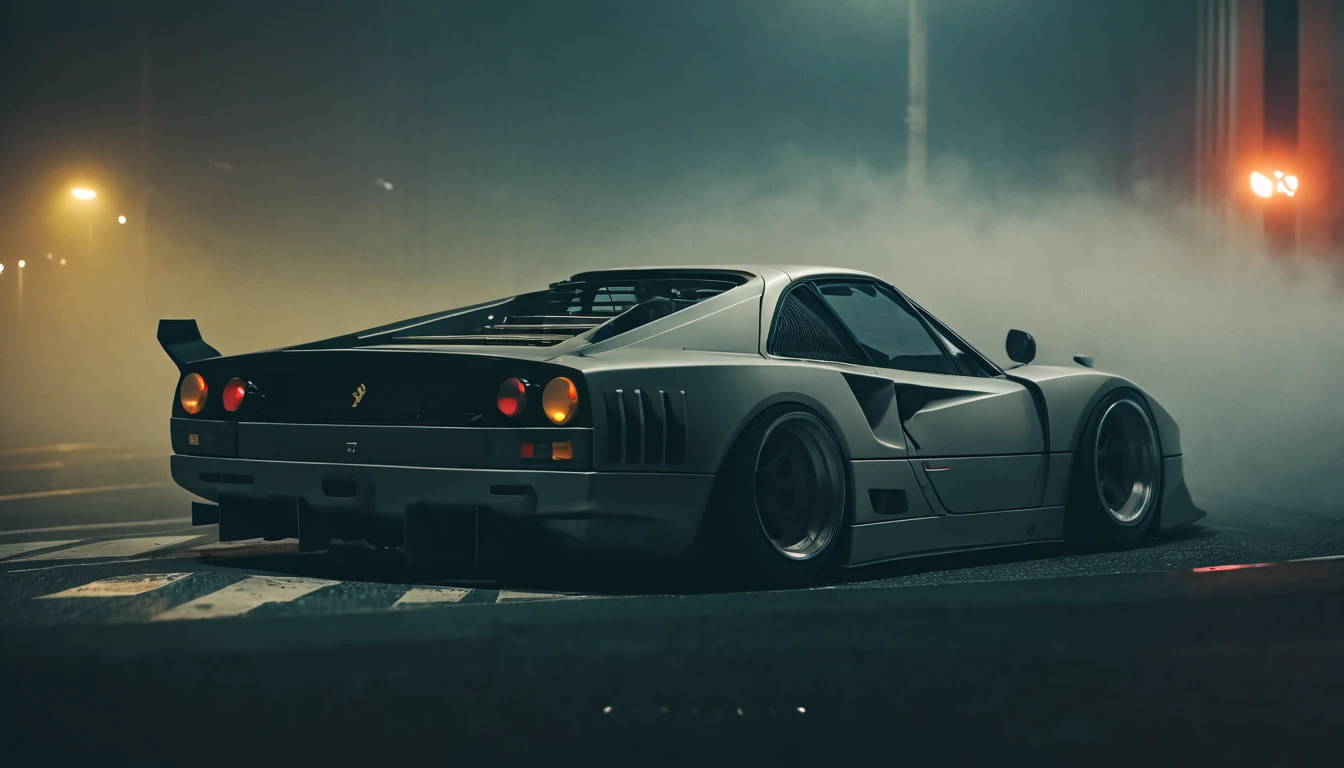 (intrincated details:1.2), (photorealistic), (masterpiece), (photography), cinematic lighting, cyberpunk city, fog, ferrari Testarossa, ground vehicle, motor vehicle, no humans, scenery, solo, vehicle focus, night time, front quarter, liberty walk wide body, widebody