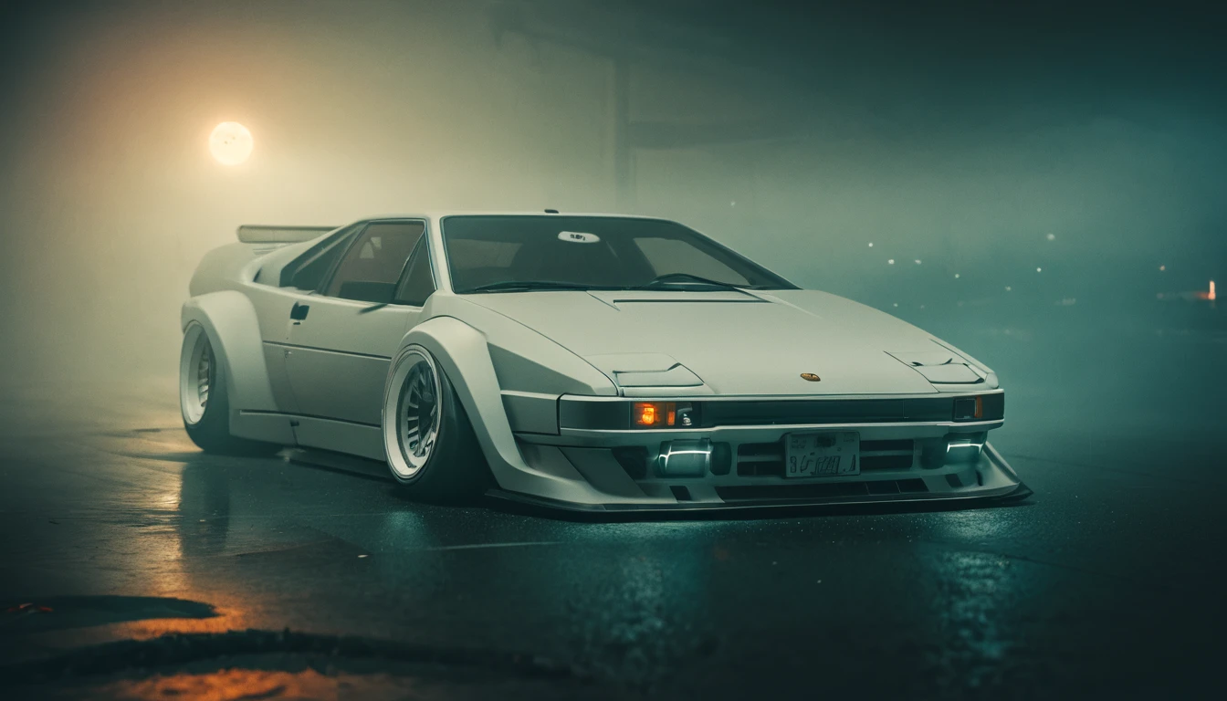 (intrincated details:1.2), (photorealistic), (masterpiece), (photography), cinematic lighting, cyberpunk city, fog, Lotus Esprit England 1975-2004, ground vehicle, motor vehicle, no humans, scenery, solo, vehicle focus, night time, front quarter, liberty walk wide body, widebody
