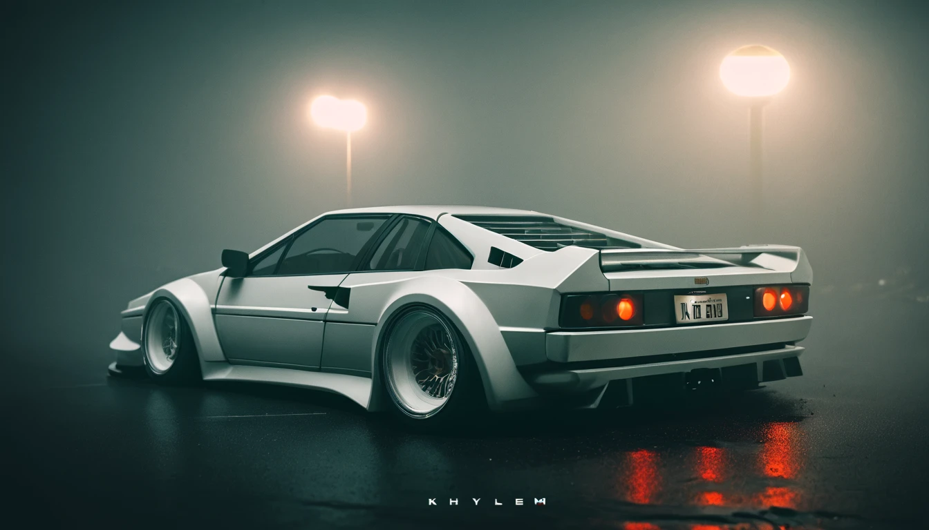 (intrincated details:1.2), (photorealistic), (masterpiece), (photography), cinematic lighting, cyberpunk city, fog, Lotus Esprit England 1975-2004, ground vehicle, motor vehicle, no humans, scenery, solo, vehicle focus, night time, front quarter, liberty walk wide body, widebody