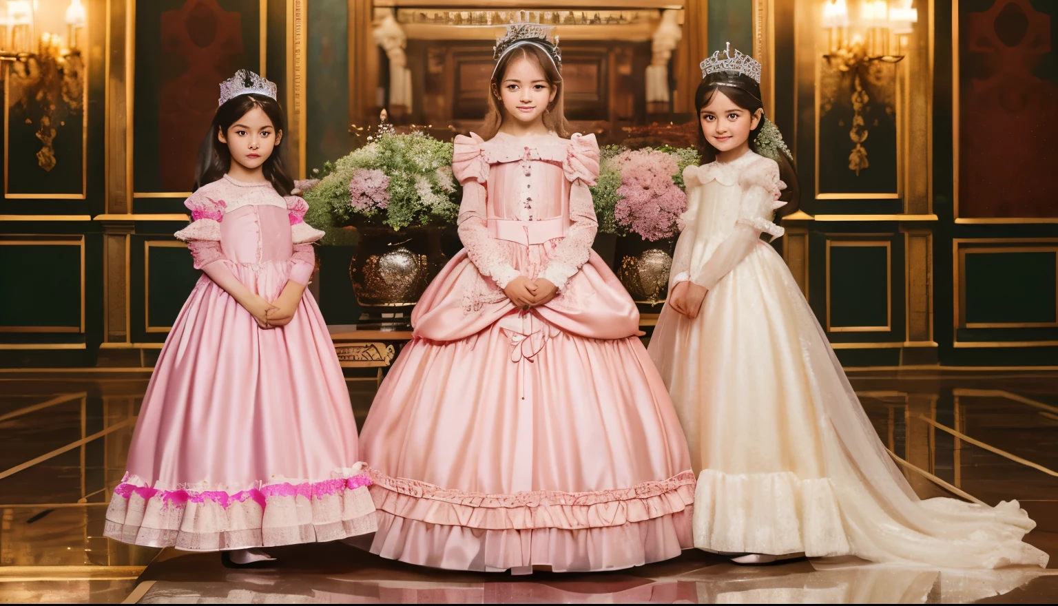highest quality, masterpiece, highest resolution, artwork, super become familiar with, many be familiar with, be familiar with, become familiar with,, a child girl,(10 yhe girl is a princess,everyone wears a tiara on their head,((All wearing pink Victorian dresses with voluminous, full-length hoop skirts)),(long sleeves with ruffles),((long dress that touches the floor)),A dress with lots of frills and ribbons,luxury,inside the palace,Satin fabric dresses,