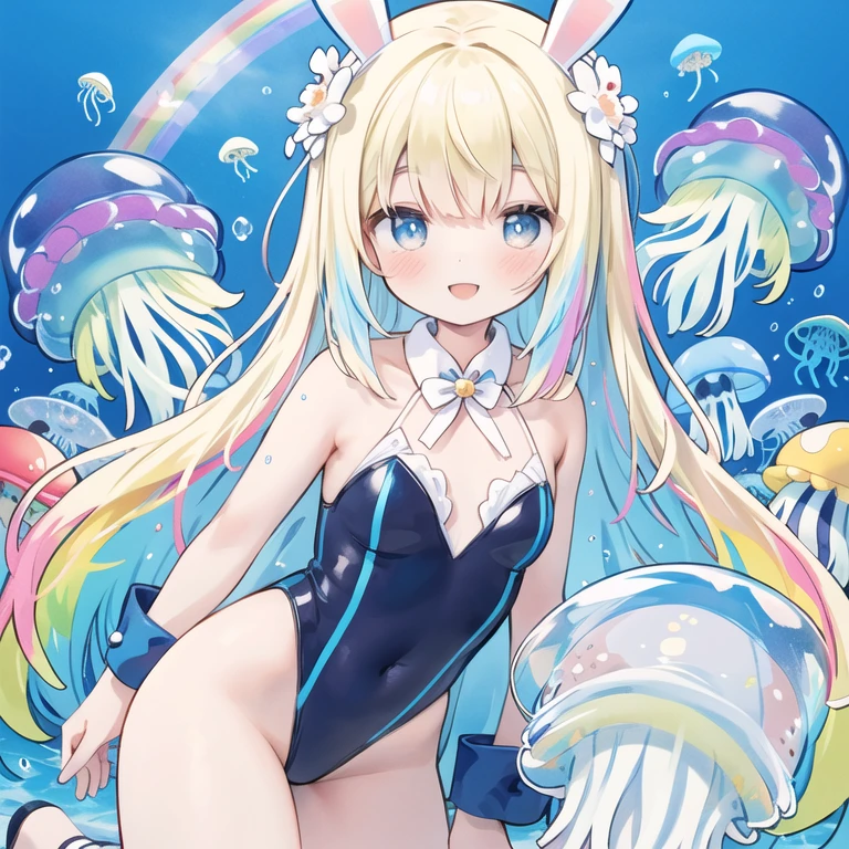 1girl, smiling rainbow colored jellyfish, playboy bunny, playing happily, underwater, (smiling rainbow colored jellyfish:1.5), glowing jellyfish,
blonde long hair, blue eyes, blue leotard,
(cute illustration:1.2), high-resolution, ultra-detailed, best quality,(パステルカラー:1.3)、(キュートイラスト:1.3)、(水彩画:1.1)、
