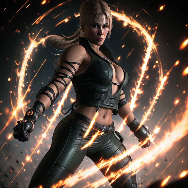 Photo of Sonya Blade, alluring figure, ((Sexy woman)), ((Prominent cleavage)), ((Detailed face:1.2)), ((Defined facial features)), ((Finely detailed skin)), bronzed complexion, , clad in a Figure-hugging outfit, Fighting game environment, Exuding confidence, Bright and colorful lighting, Captured with a Sony Alpha Series Camera, 70-200mm Telephoto Lens, F/4, crisp and clear, 4K Ultra HD, Dramatic and dynamic, perfect representation of Sonya Blade's cheeky and fierce personality.