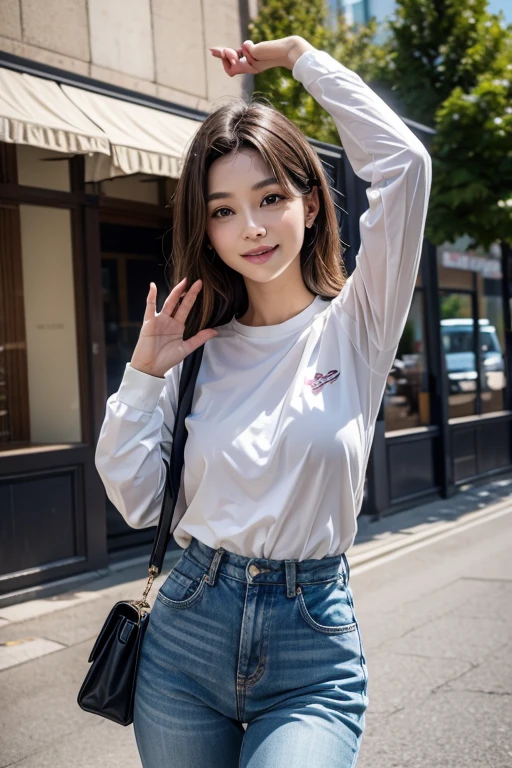 Cute girl waving at the camera, on a sunny day