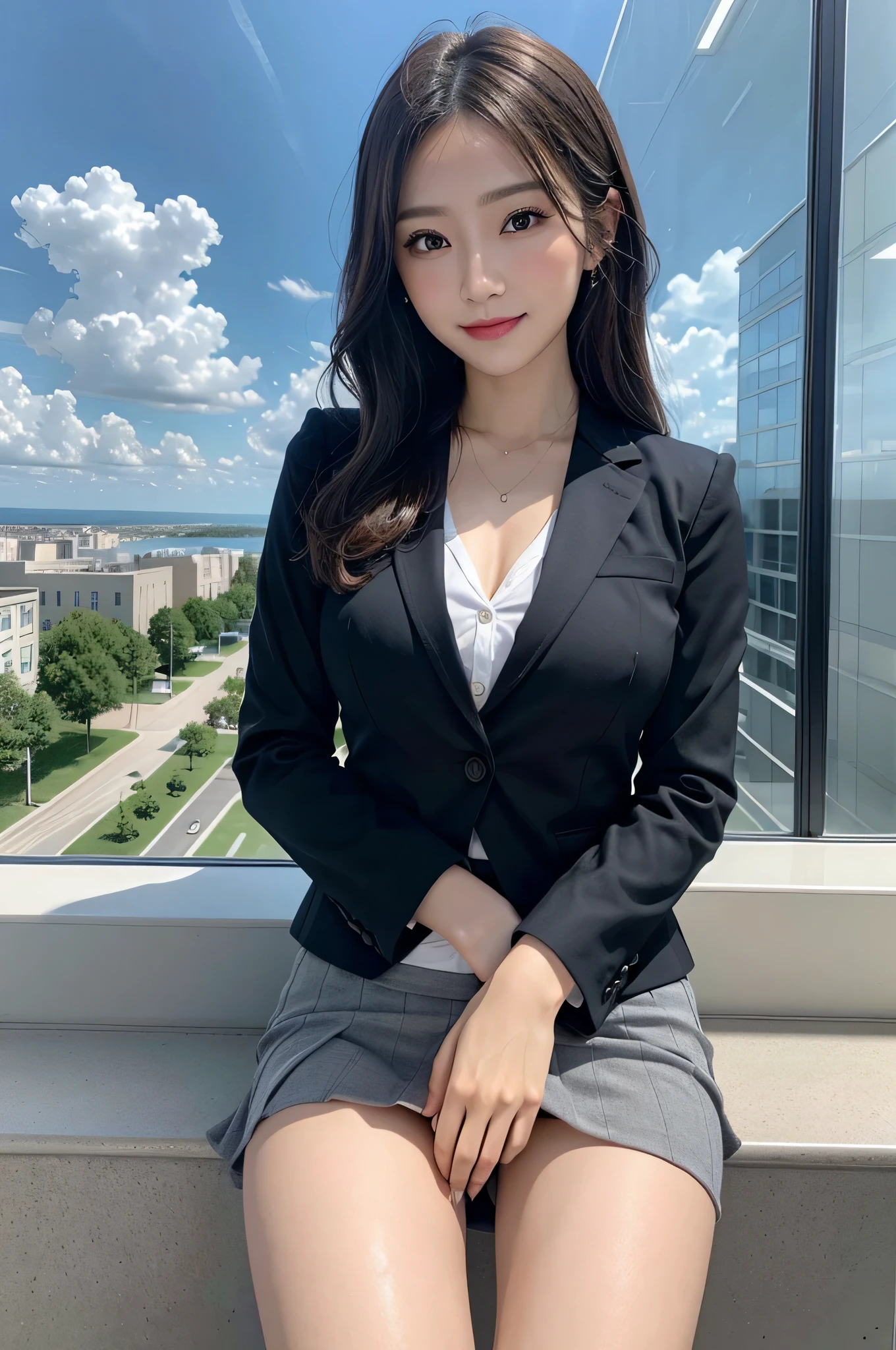 (1woman), Beautiful, Amazing face and eyes, makeup, (extremely detailed beautiful face), seducting smile, (Best Quality:1.4), (Ultra-detailed), (extremely detailed CG unified 8k wallpaper), Highly detailed, raw photos, Professional Photography, (Business Suit, Mini skirt:1.2), (Business shirt with wide open chest), (Spread your legs), (no panties:1.3), (beautiful scenery:1.2), (View from below:1.2),