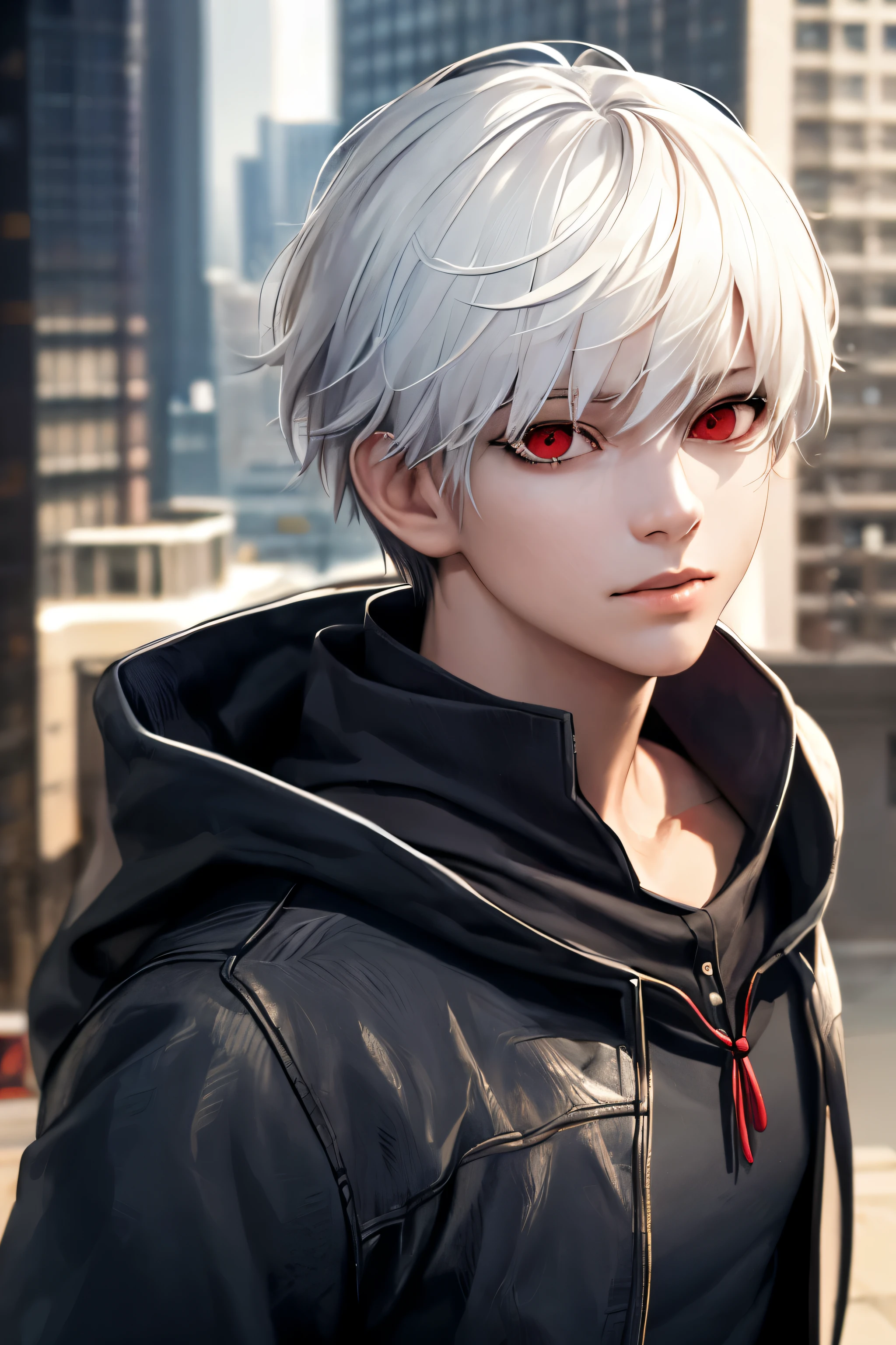 1boy, ((best quality)), ((masterpiece)), ((realistic)), (detailed), (perfect face), kaneki ken, white hair, handsome, 1 red eye, 1 grey eye, different eye color, black hood, calm, dynamic poses, half body, high angle, building background, portrait