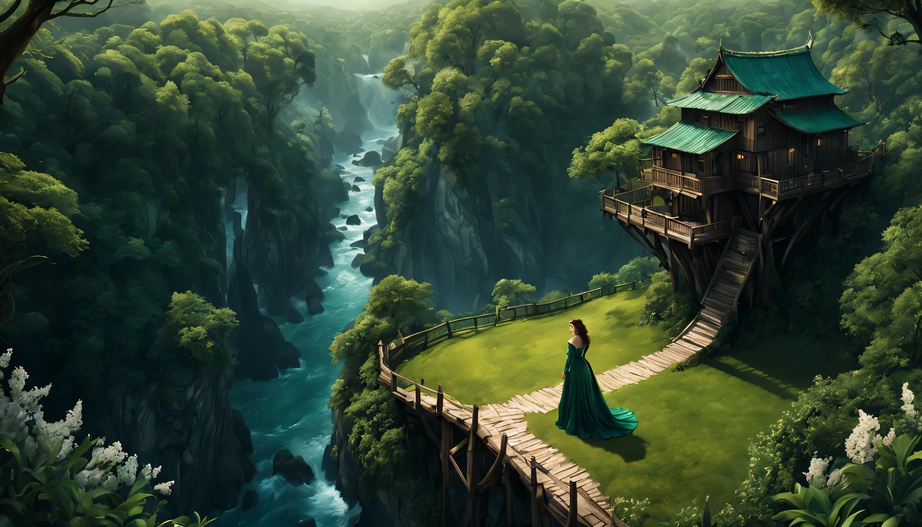 premiado, arte conceitual, belas artes, epic fantasy digital art, bird view,cinematic lighting, Vista descendente,plano super amplo,Viewing angle from afar,profundidade de campos,beautiful young lady (Rachel Weisz ), (27 anos), ((((corpo inteiro)))), (((usando vestido longo Verde Esmeralda)), The beauty of an idyllic country fairy tale,((cachoeira)),Pitoresca, pitoresco, Rustic, ((Campo de arroz;1.7)), ((Peach blossom tree)), ((Pequenos rios:1.4)), ((The treehouse is connected to the treehouse by a wooden bridge)), epic,