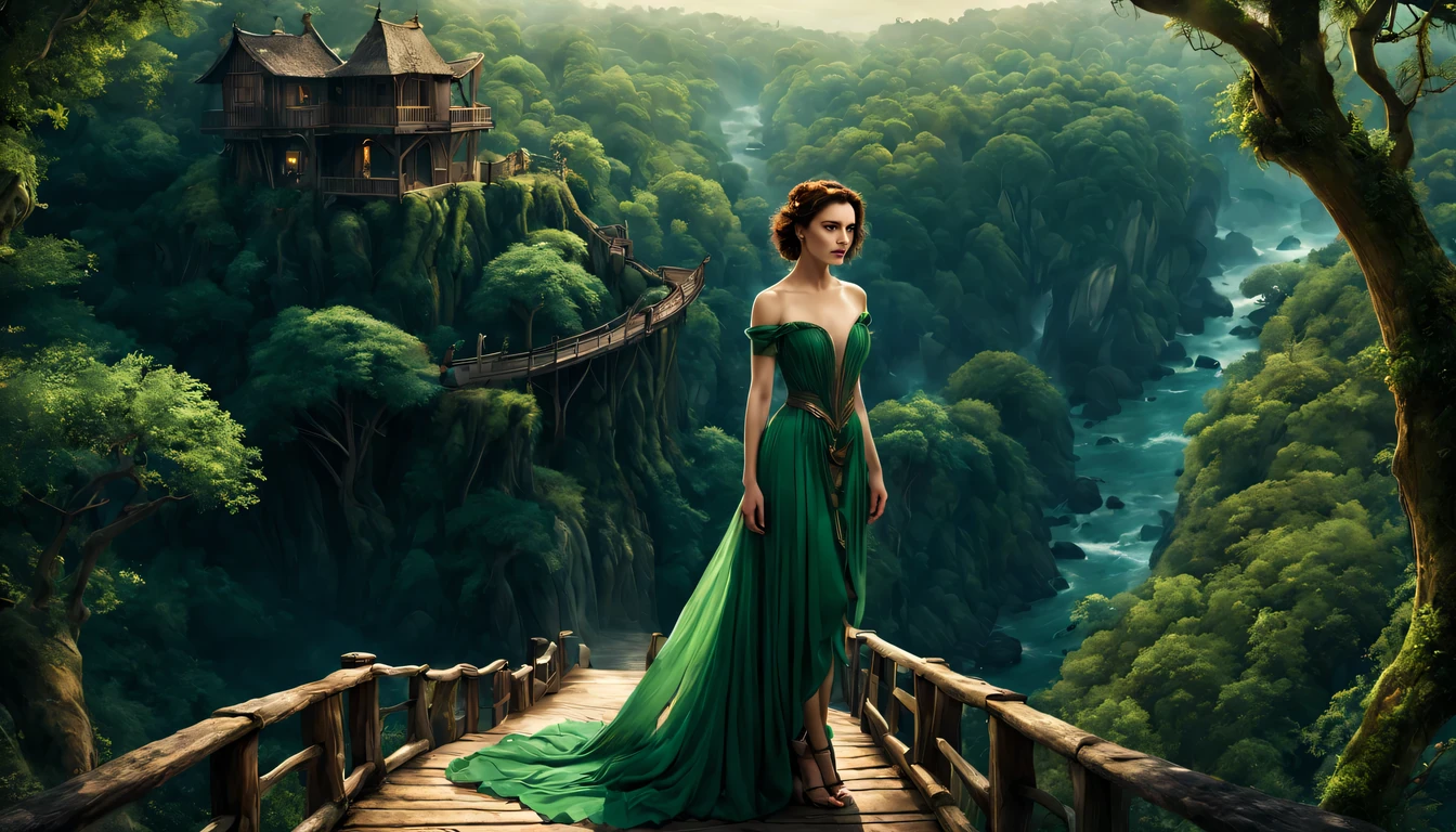 premiado, arte conceitual, belas artes, epic fantasy digital art, bird view，cinematic lighting, Vista descendente，plano super amplo，Viewing angle from afar，profundidade de campos，beautiful young lady (Rachel Weisz ), (27 anos), ((((corpo inteiro)))), (((usando vestido longo Verde Esmeralda)), The beauty of an idyllic country fairy tale，((cachoeira))，Pitoresca, pitoresco, Rustic, ((Campo de arroz;1.7)), ((Peach blossom tree)), ((Pequenos rios:1.4)), ((The treehouse is connected to the treehouse by a wooden bridge)), epic,
