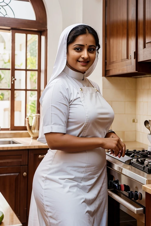 Anushka Shetty, curvy, British, 20s, catholic nun, smile, kitchen, front view