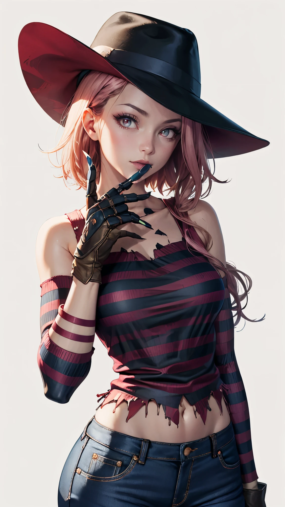 masterpiece, best quality, white background, cosmieyes, reimisugimotojojo, 1girl, solo, looking at viewer, upper body, pink eyes, hat, striped shirt, gloves, claw \(weapon\), blue pants,