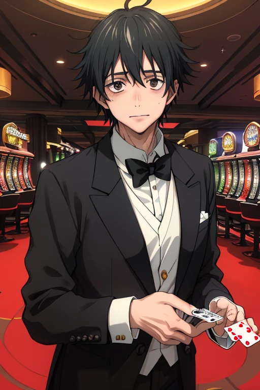 muste piece, best quality, high quality, 1 boy, solo, black suit,smile、diagonal、male focus, Looking at Viewer, upper body whole body, Fushiguro_Megumi, black hair, Eyes are brown eyes,Big eyes(((Black tuxedo,セクシーなblack suit,Please give me a playing card,high class casino,colorful lighting,)))Background Nightclub,beautiful hands