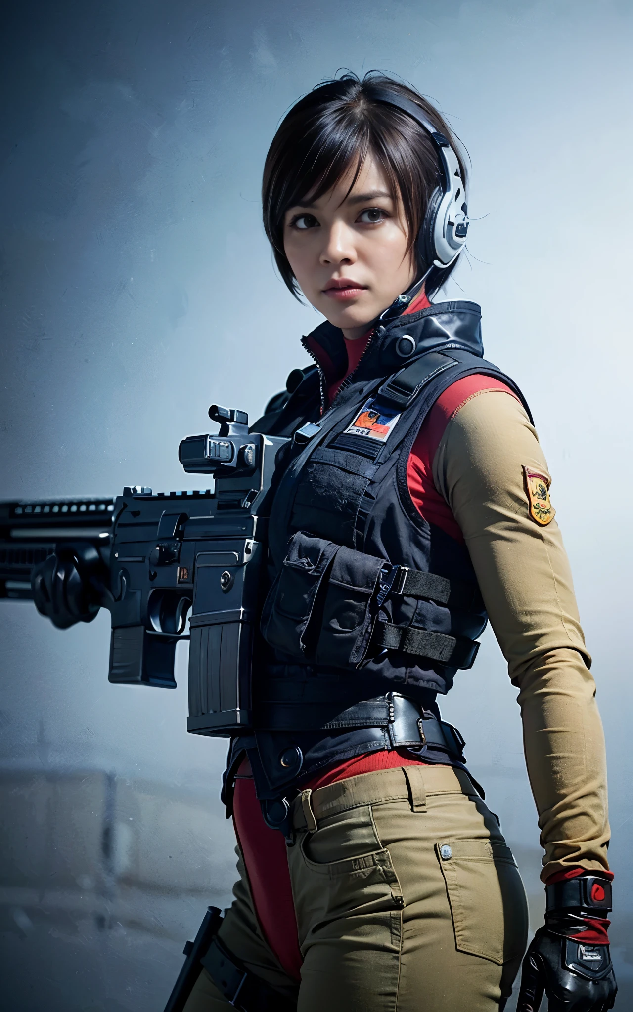 ((Best Quality, 8K, Masterpiece: 1.3)), ((best quality)), photorealistic, photorealism, Photorealistic, high resolution, 1girl aiming with an ak-47 assault rifle, Combat pose, looking at the camera, (Detailed face), short hair, (wearing red rubber suit, tactical vests, military harness, black gloves, high-tech headset), cloths color based on black dark blue), revealed thigh, Gun, Fingers are occluded, concrete wall background,