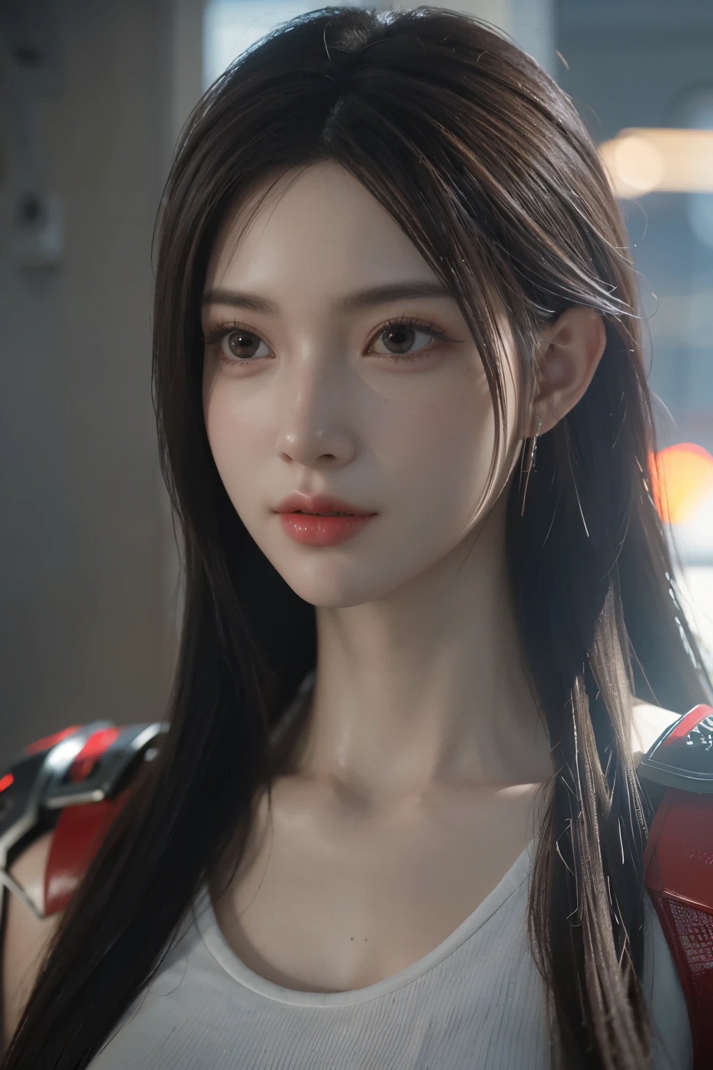 Game art，The best picture quality，Highest resolution，8K，((A bust photograph))，((Portrait))，((Head close-up))，(Rule of thirds)，Unreal Engine 5 rendering works， (The Girl of the Future)，(Female Warrior)， 22岁少女，(Female hackers)，(Rainbow hair，Ancient Oriental hairstyle)，((The pupils of the red eyes:1.3))，(A beautiful eye full of detail)，(Big breasts)，(Eye shadow)，优雅迷人，冷漠，((Anger))，(Cyberpunk jacket full of futuristic look，Joint Armor，There are exquisite Chinese patterns on the clothes，A flash of jewellery)，赛博朋克人物，未来风格， 拍照姿势，城市背景，Movie lights，Ray tracing，Game CG，((3D Unreal Engine))，oc渲染反射纹