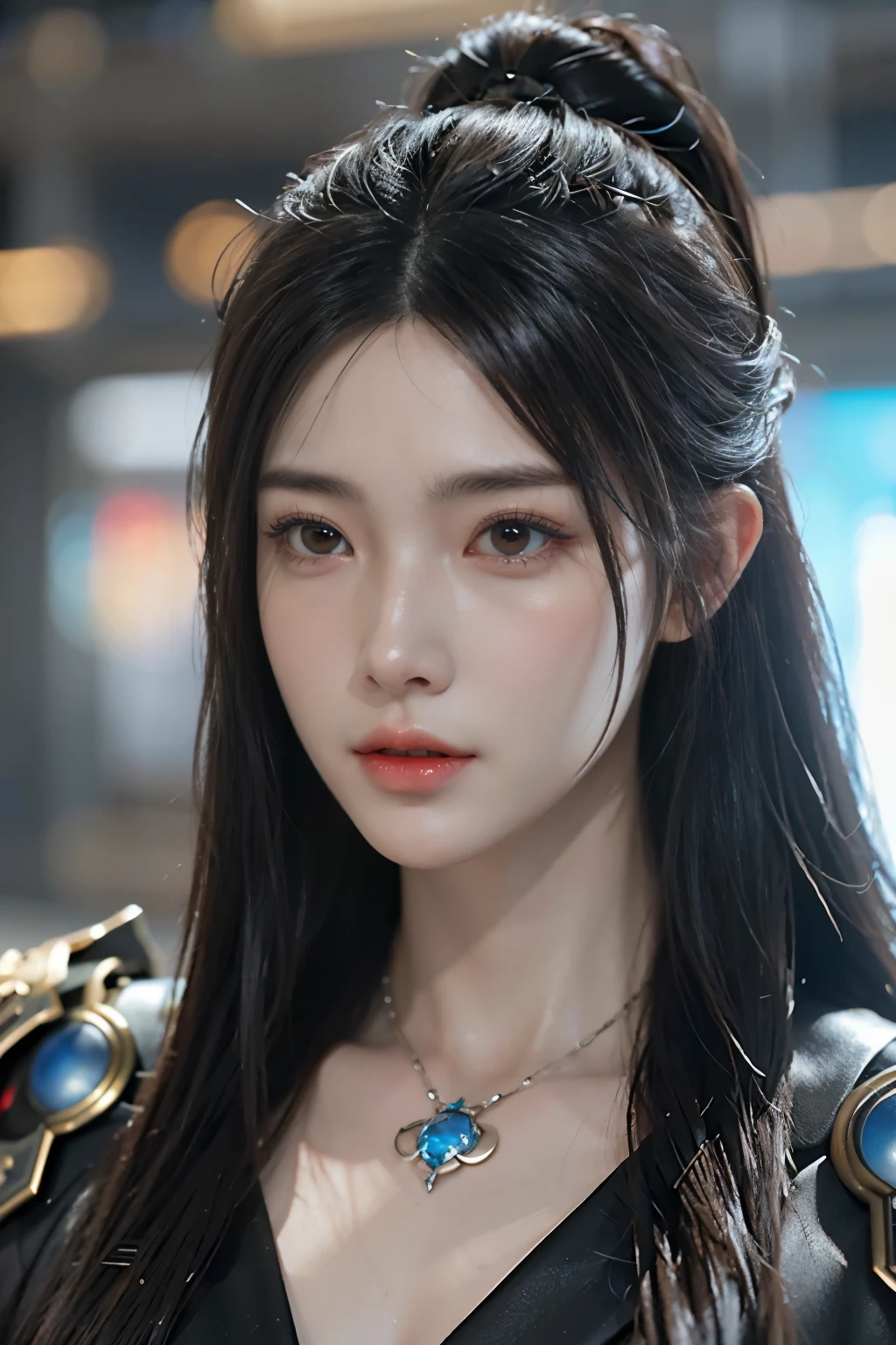 Game art,The best picture quality,Highest resolution,8K,((A bust photograph)),((Portrait)),((Head close-up)),(Rule of thirds),Unreal Engine 5 rendering works, (The Girl of the Future),(Female Warrior), 22岁少女,(Female hackers),(Rainbow hair,Ancient Oriental hairstyle),((The pupils of the red eyes:1.3)),(A beautiful eye full of detail),(Big breasts),(Eye shadow),优雅迷人,冷漠,((Anger)),(Cyberpunk jacket full of futuristic look,Joint Armor,There are exquisite Chinese patterns on the clothes,A flash of jewellery),赛博朋克人物,未来风格, 拍照姿势,城市背景,Movie lights,Ray tracing,Game CG,((3D Unreal Engine)),oc渲染反射纹