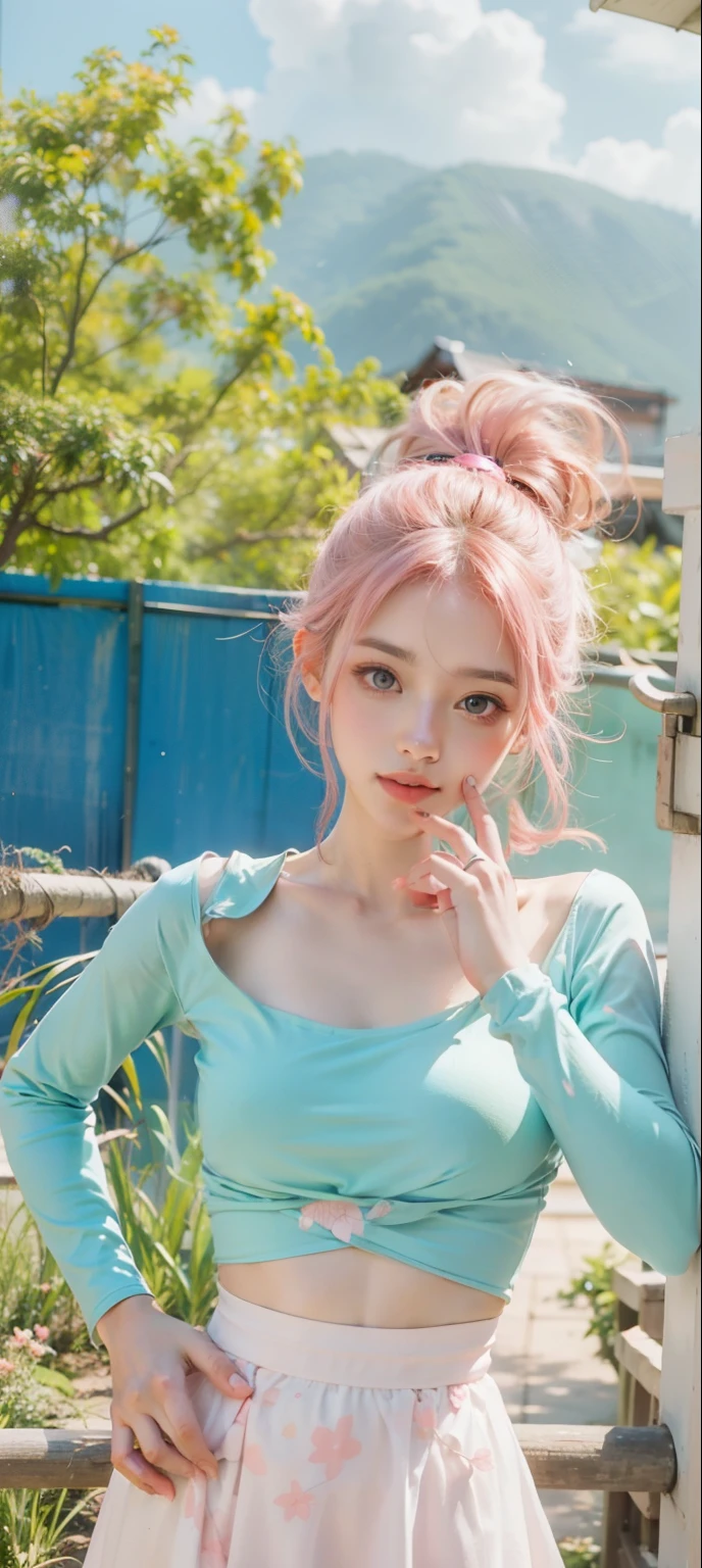 Light pink hair, pink eyes, pink and white, sakura leafs, vivid colors, white dress, paint splash, simple background, ray tracing, wavy hair
