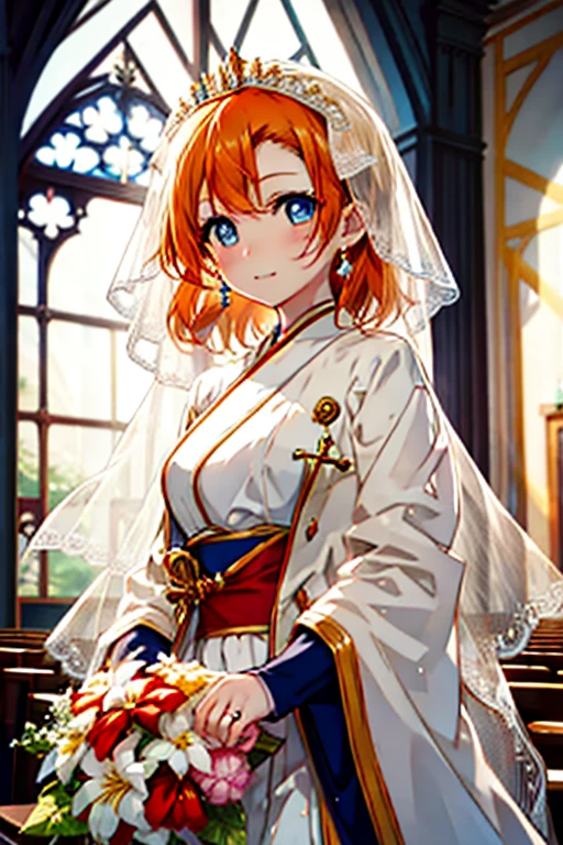 highest quality, masterpiece, High resolution, alone, {Honoka Takasaka　lovelive:1.15}, blue eyes, orange hair, smile, blush, long hair,Wedding dress,veil,bouquet,church,chapel,(masterpiece:1.2), highest quality, High resolution, unity 8k wallpaper, (figure:0.8), (beautiful and fine eyes:1.6), highly detailed face, perfect lighting, Very detailed CG, (perfect hands, perfect anatomy),