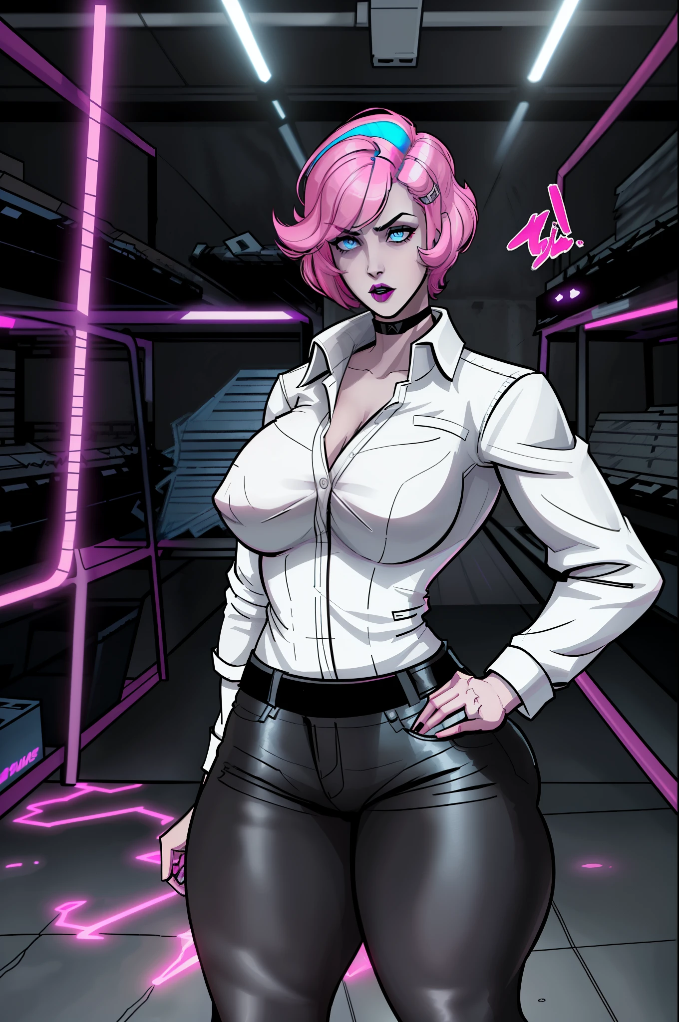 woman, standing inside a dark warehouse, pale blue eyes, detailed short pink hair Short Side Comb haircut, angry expression, black lipstick, small tits, wearing a leather jacket, black pants, shirt, white shirt, comic book style, flat shaded, prominent comic book outline linework