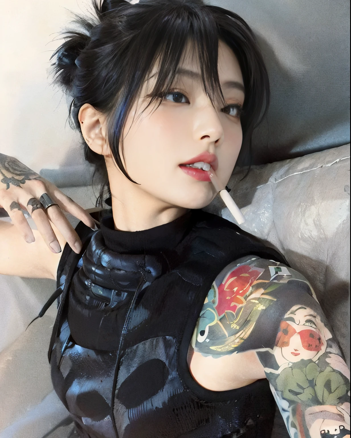 Mujer arafed con un cigarrillo en la boca y un tatuaje en el brazo., handsome japanese demon boy, cruel korean gothic girl, chica delgada yakuza, cai xukun, pintar ulzzang, kanliu666, de chica taiwanesa con tatuajes, ulzzang, vibraciones de anime, androgynous, Chica atractiva, ella tiene el pelo negro con flequillo cara kim jennie