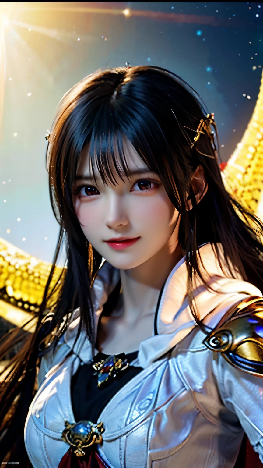(masterpiece, highest quality, highest quality, official art, beautiful and aesthetic:1.2), (1 girl), highly detailed eyes, (fractal art:1.3), colorful, most detailed, (perfect face), shiny skin, HDR, (White cloak golden lines:1.2), Milky Way, (light streaks), striking visuals, (dynamic streaks, Path of Light:1.2), Bright colors, (firebird), (dragon)