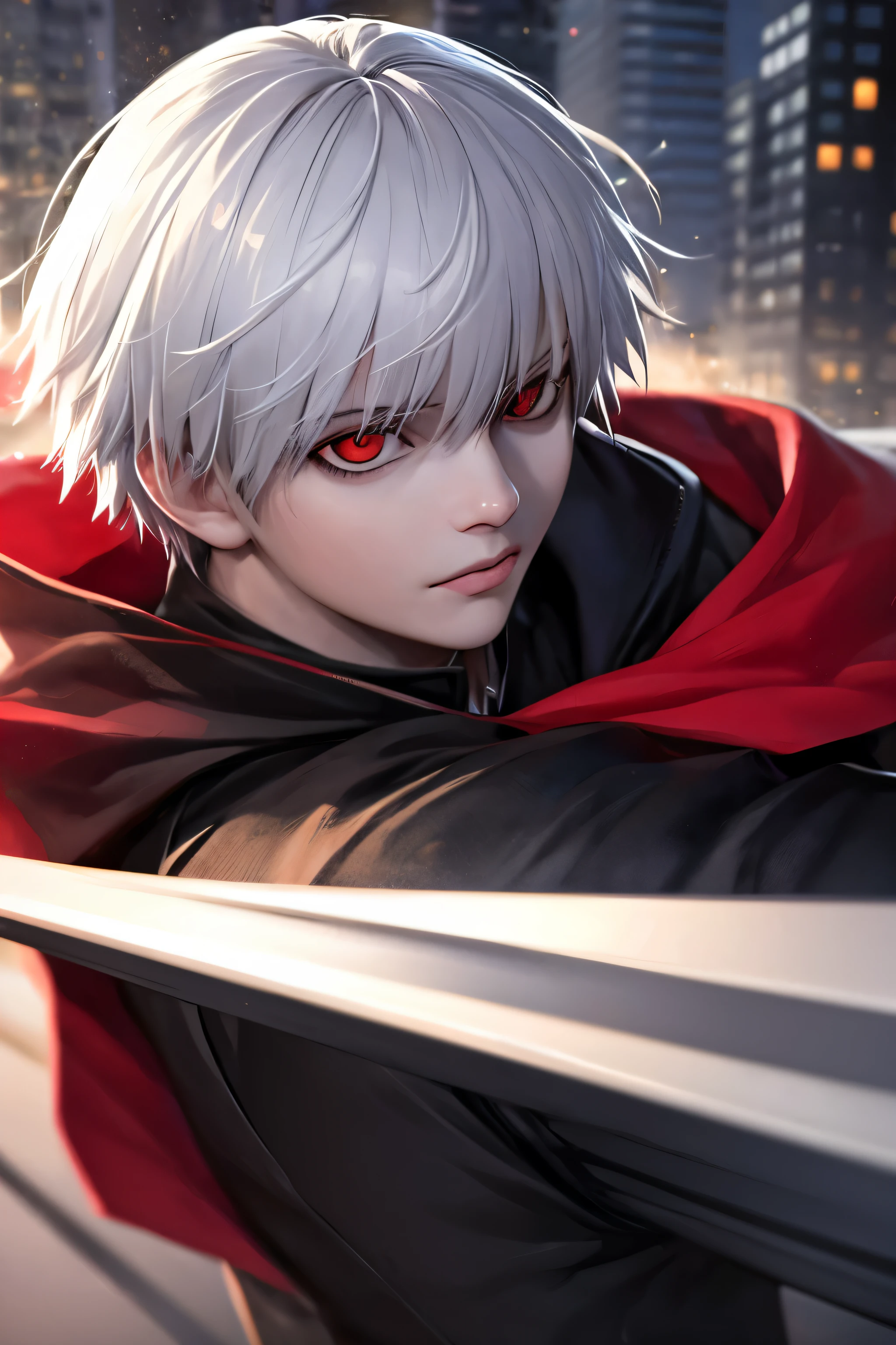 1boy, ((best quality)), ((masterpiece)), ((realistic)), (detailed), (perfect face), (kaneki ken), white hair, handsome, red eyes, black hood, calm, dynamic poses, half body, high angle, building background, portrait