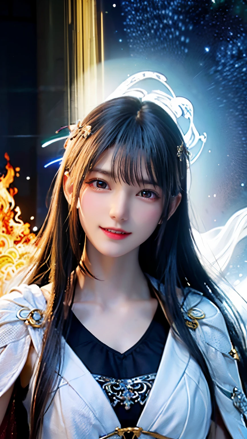 (masterpiece, highest quality, highest quality, official art, beautiful and aesthetic:1.2), (1 girl), highly detailed eyes, (fractal art:1.3), colorful, most detailed, (perfect face), shiny skin, HDR, (White cloak golden lines:1.2), Milky Way, (light streaks), striking visuals, (dynamic streaks, Path of Light:1.2), Bright colors, (firebird), (dragon)